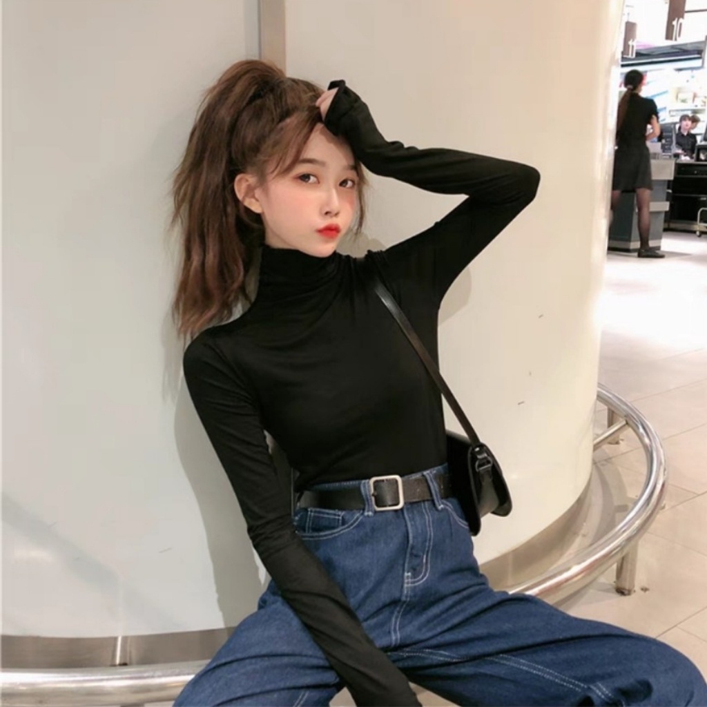 Áo Kiểu Nữ Cổ Lọ Tay Dài Chất Thun Cotton Lụa Mỏng Mịn Mát Fom Ôm Gọn Dáng