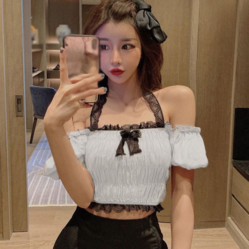 Áo croptop yếm ren trễ vai xinh xẵn cho nữ
