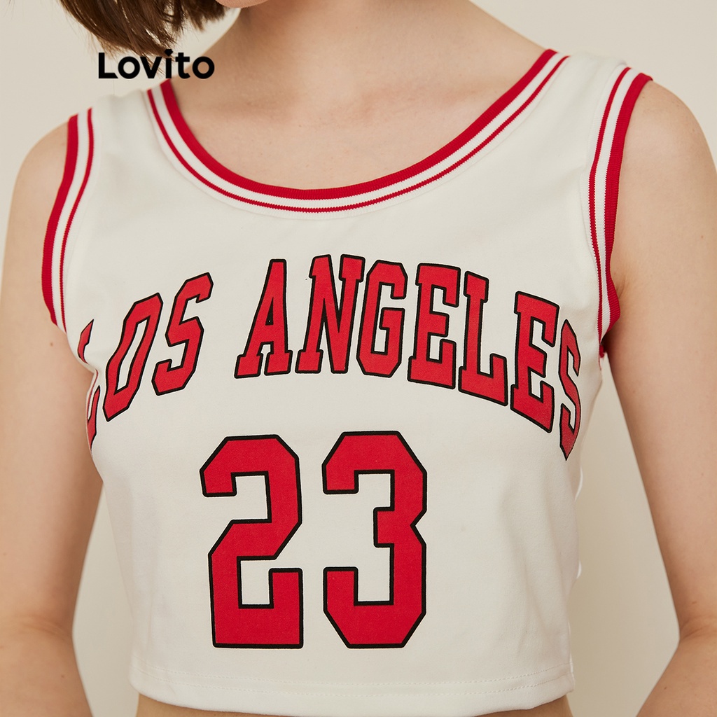 Áo sát nách Lovito họa tiết chữ phối viền tương phản phong cách preppy L19D044 (Màu trắng)