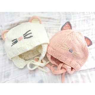 mũ len râu mèo buộc dây cho bé gái