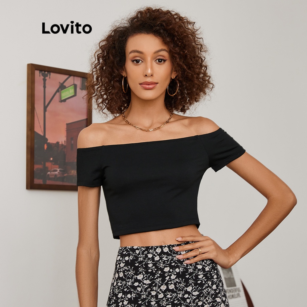 Áo thun Lovito trễ vai cơ bản màu trơn L19D321 (màu đen)