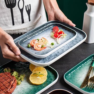 (SẴN)Khay đĩa chữ nhật vân đá phong cách Bắc Âu chống trầy xước - beefsteak - bít tết - Sứ không chì cao cấp