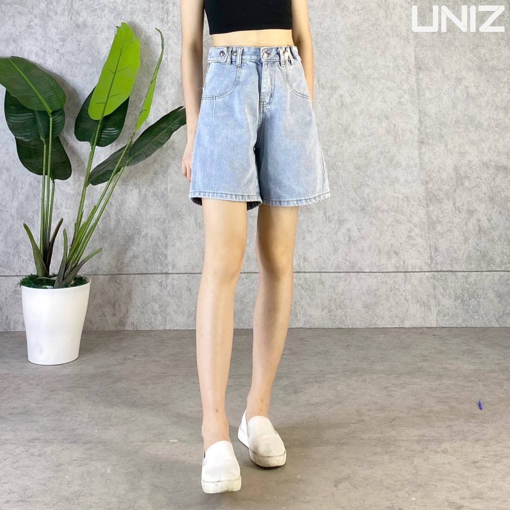 Quần Short Nữ 4 Khuy UNIZ (Màu Xanh), Dáng Lửng, Ulzzang, Cạp Cao, Form rộng, Vải Jean, Mềm Mại, Không Bai Màu