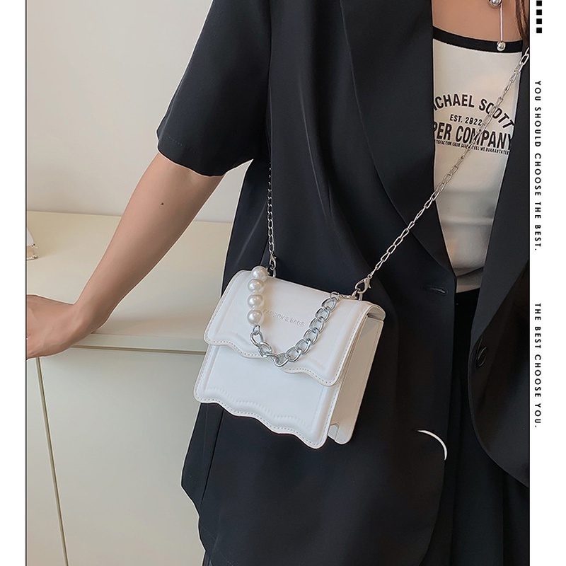 Túi Đeo Chéo Dáng Vuông Nhỏ Màu Trơn Đính Hạt Giả Ngọc Trai Phong Cách Mới 2022 NB00170