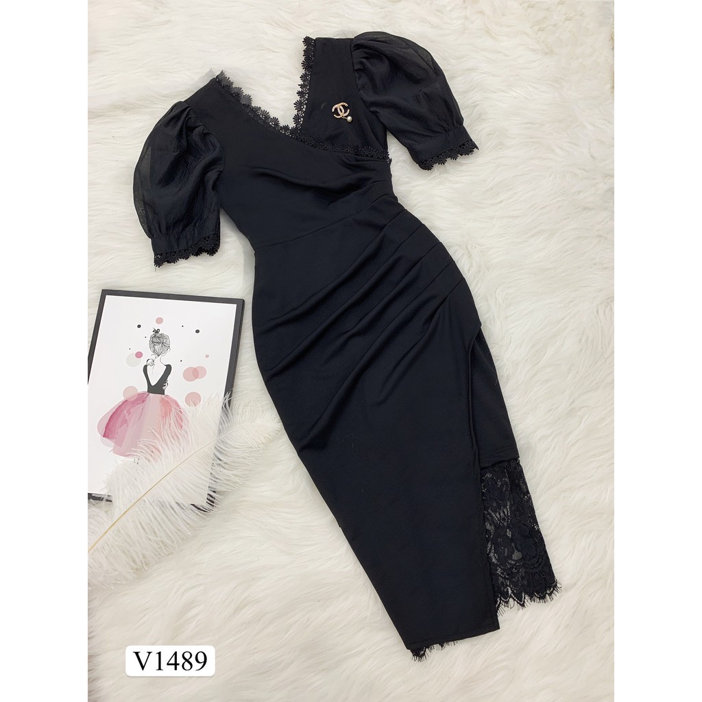 Váy đen body phối ren tay bồng V1489 - Đẹp Shop DVC (Kèm ảnh thật trải sàn do shop tự chụp) | BigBuy360 - bigbuy360.vn