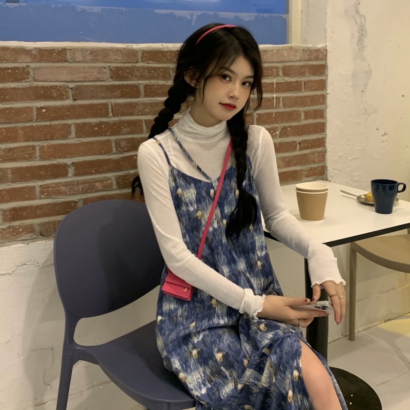 Váy 2 dây suông đầm nữ dáng dài vùng biển xanh ulzzang