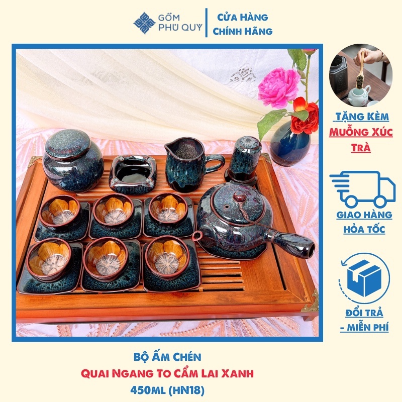 Bộ ấm chén uống trà ⚱ ấm trà Quai Ngang To S2 Cẩm Lai Xanh ⚱ Gốm Sứ Bát Tràng GOMPHUQUY HN16