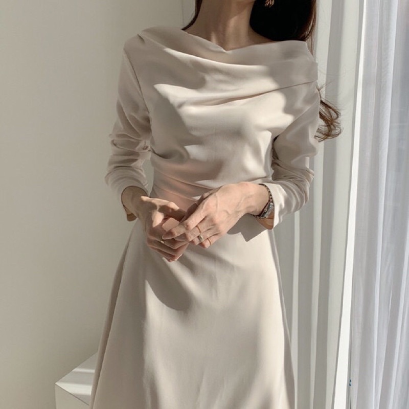 Đầm trễ vai cho nữ màu trơn dài tay phong cách sang trọng hàn quốc