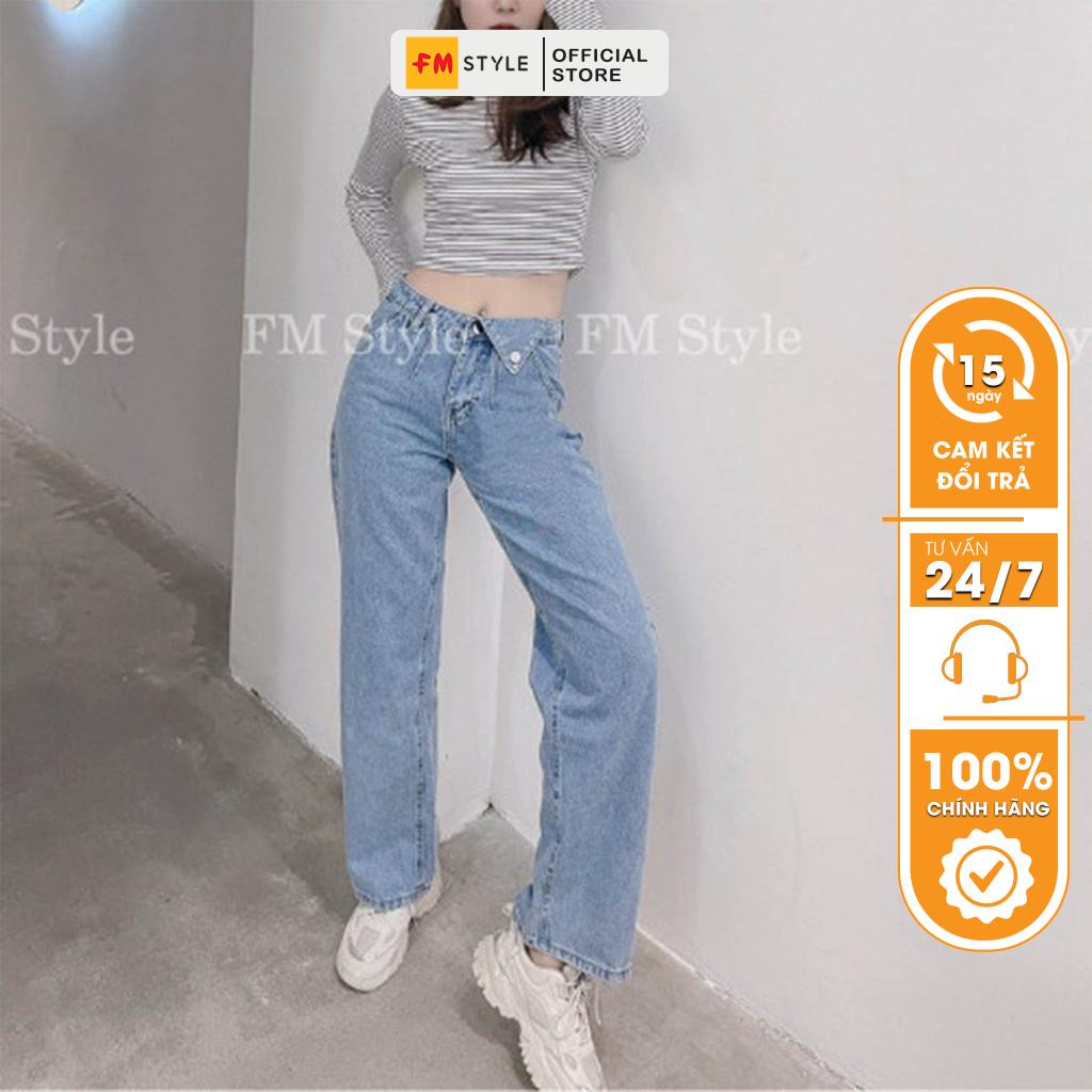 Quần jean ống suông nữ FM Style lưng cao, lệch lai chuẩn form, phù hợp đi chơi, công sở 9856