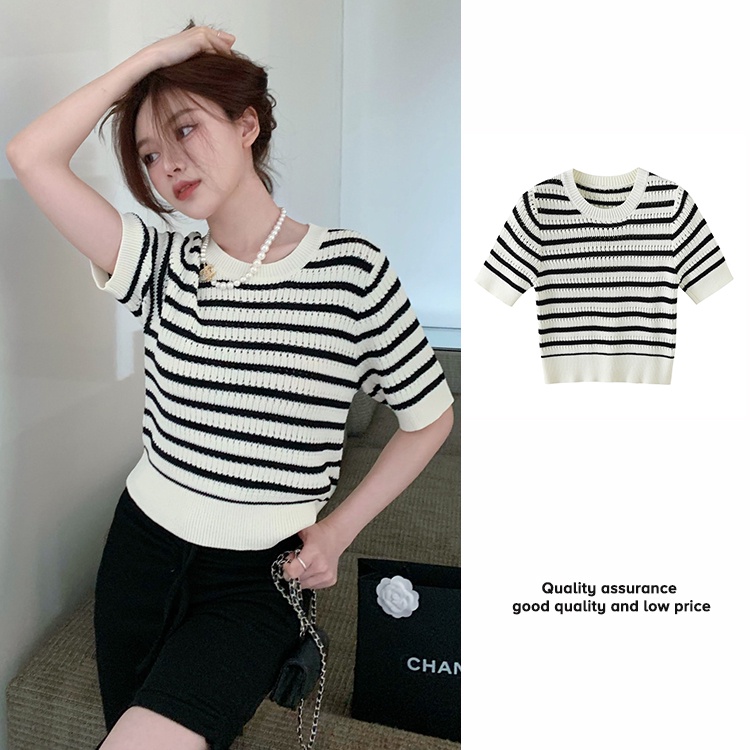 Porozi  Áo croptop  dệt kim ngắn tay dáng ôm kẻ sọc thời trang Hàn Quốc cho nữ