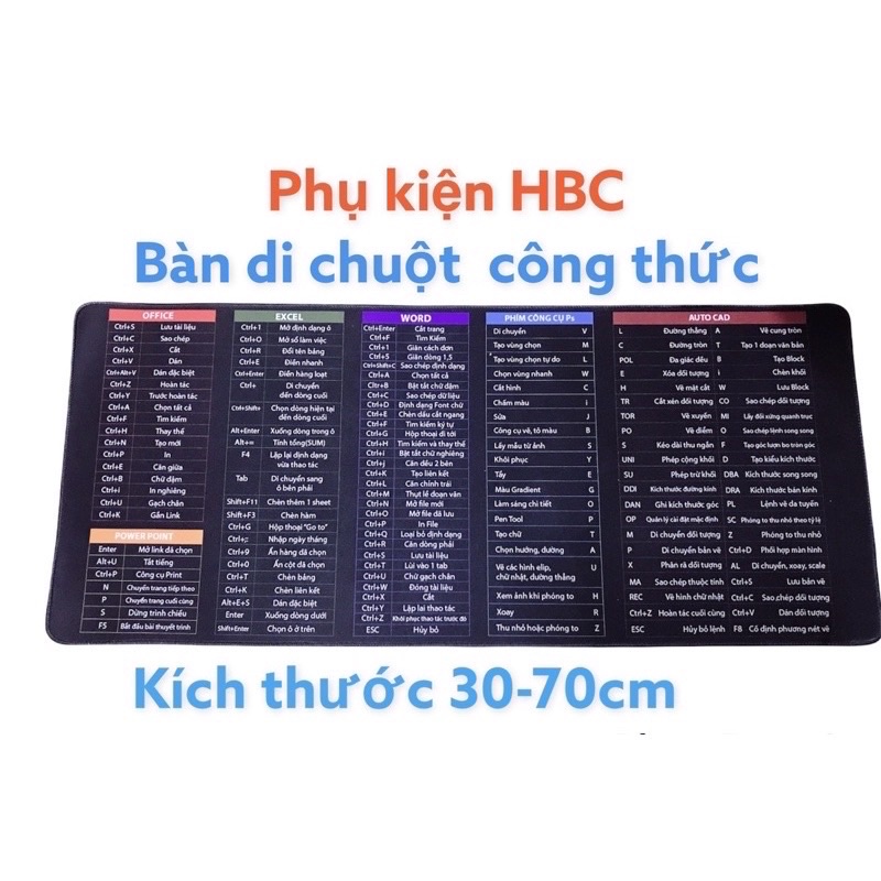 Bàn di chuột cỡ lớn, lót chuột( pad chuột) khổ lớn in hình công thức phím tắt Word, Excel, PS, Power Point..