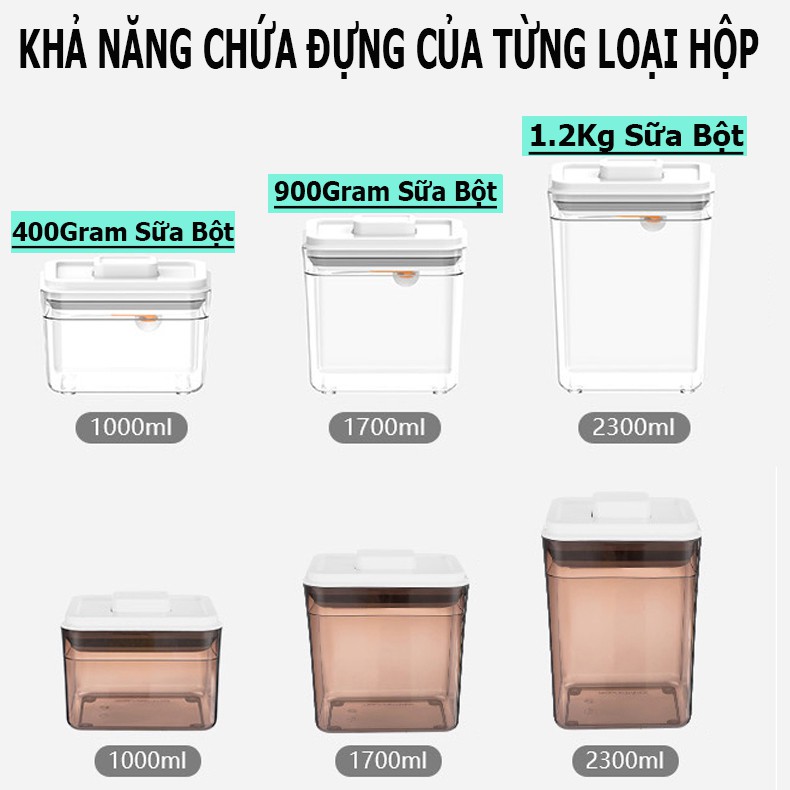 Hộp Nhựa Đựng Sữa Bột 1 lít, 1,7 lít, 2,3 lít ( Tương Đương Sức Chứa 400 gram; 900 gram; 1,2kg - Sữa Bột)