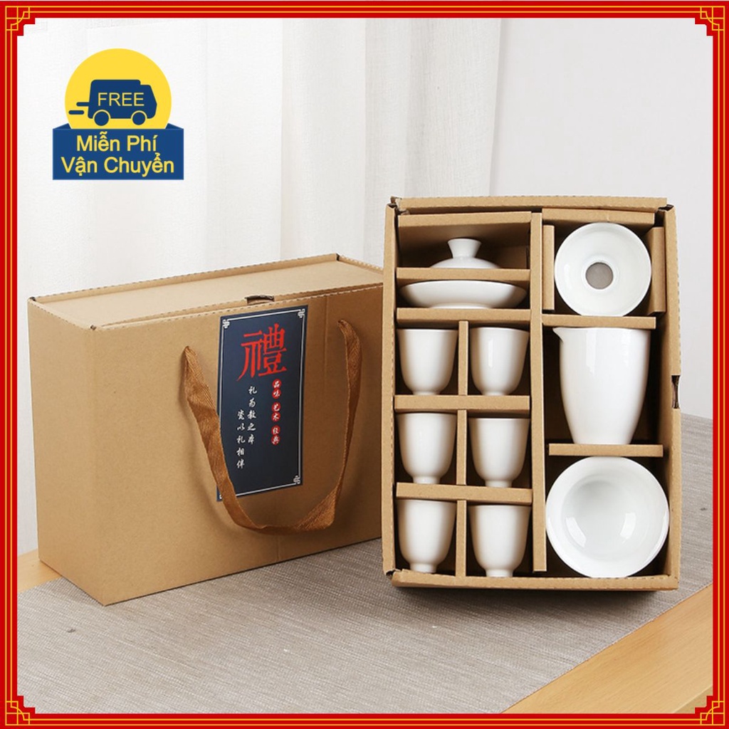 Bộ Ấm Chén Trà Đạo Men Trắng ( 6 chén + Ấm Khải + Tống + Lọc ) Túi Hộp Quà Tặng Rất Đẹp