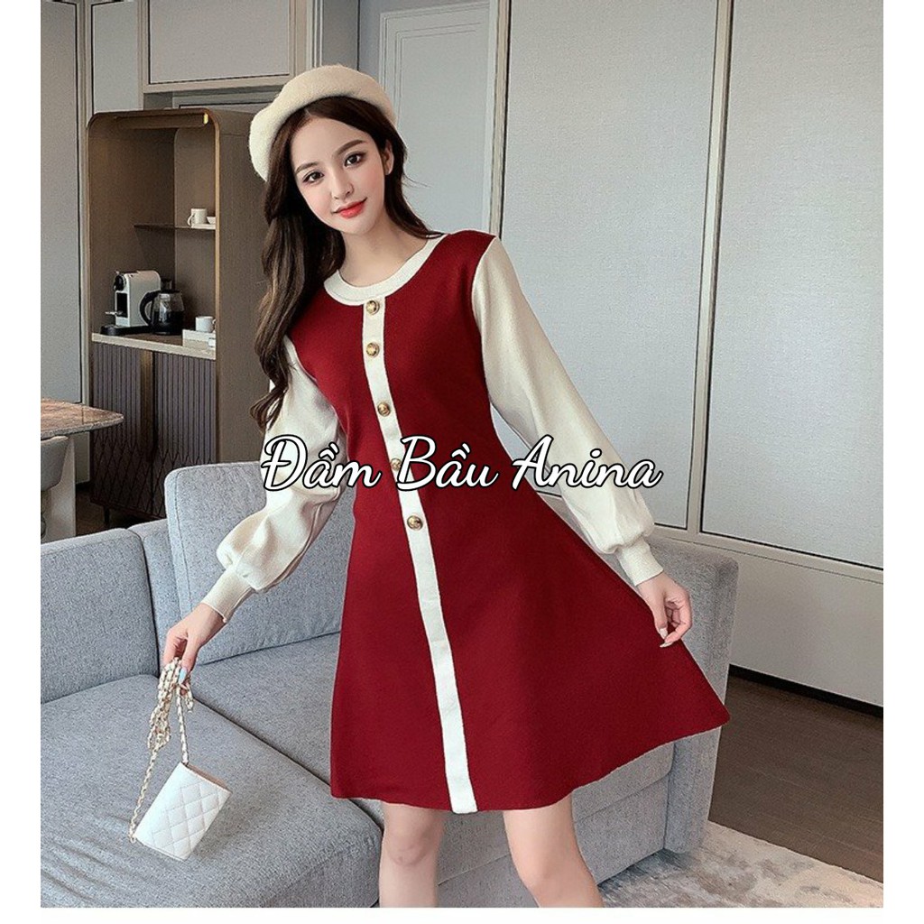 Váy len bầu thu đông dài tay thiết kế bo tay dáng suông siêu xinh mặc bầu và sau sinh VL251