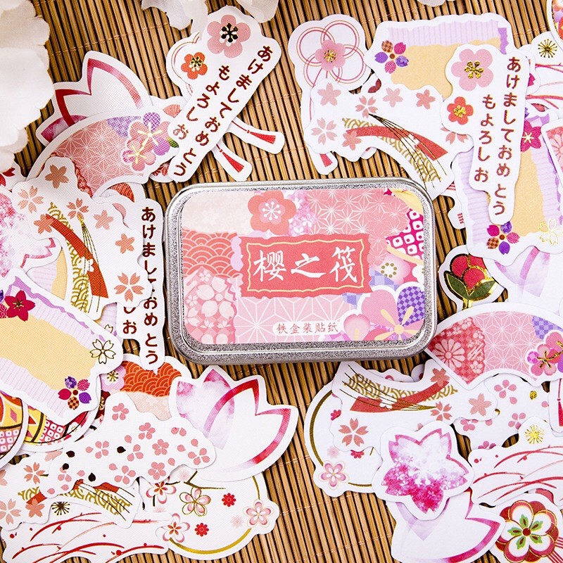 Hộp 60 tấm hình dán phong cách Nhật Bản sticker đựng hộp sắt