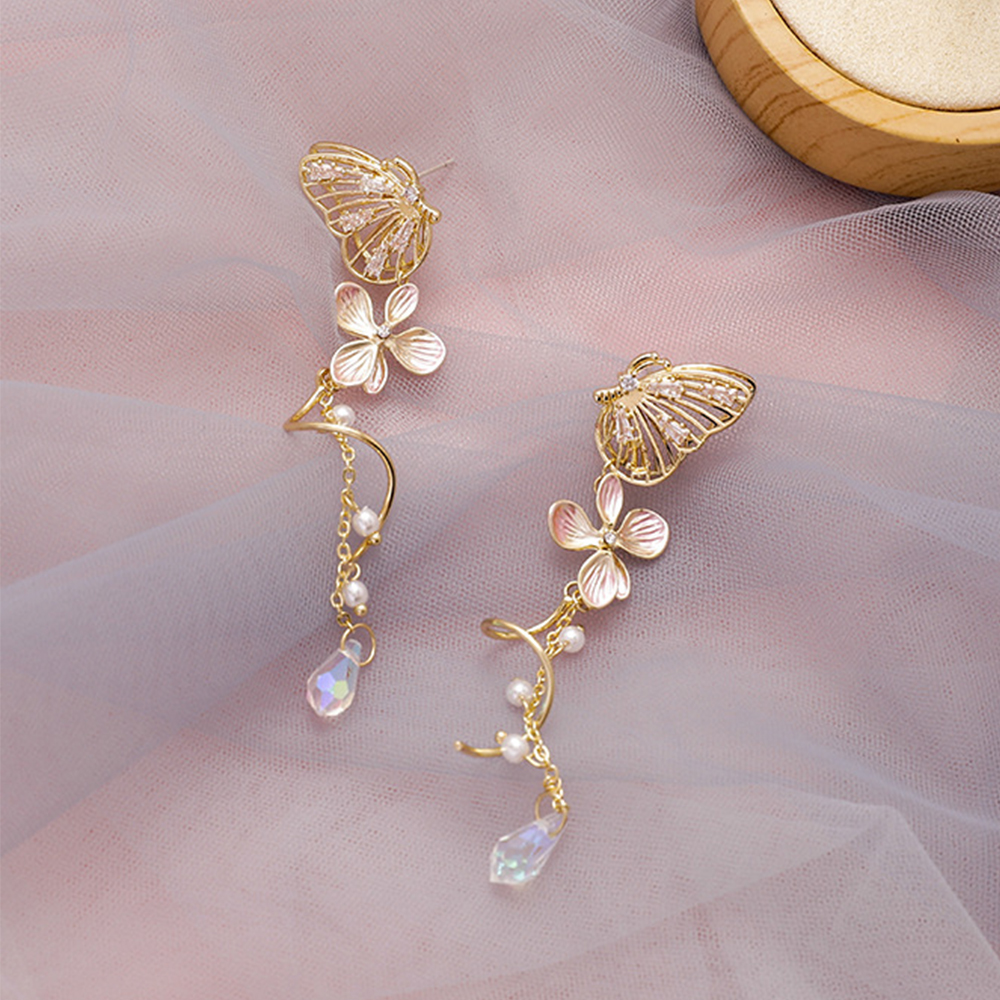 NEEDWAY Hollow Pearl Tassel Pink Flower Zircon Butterfly Earrings