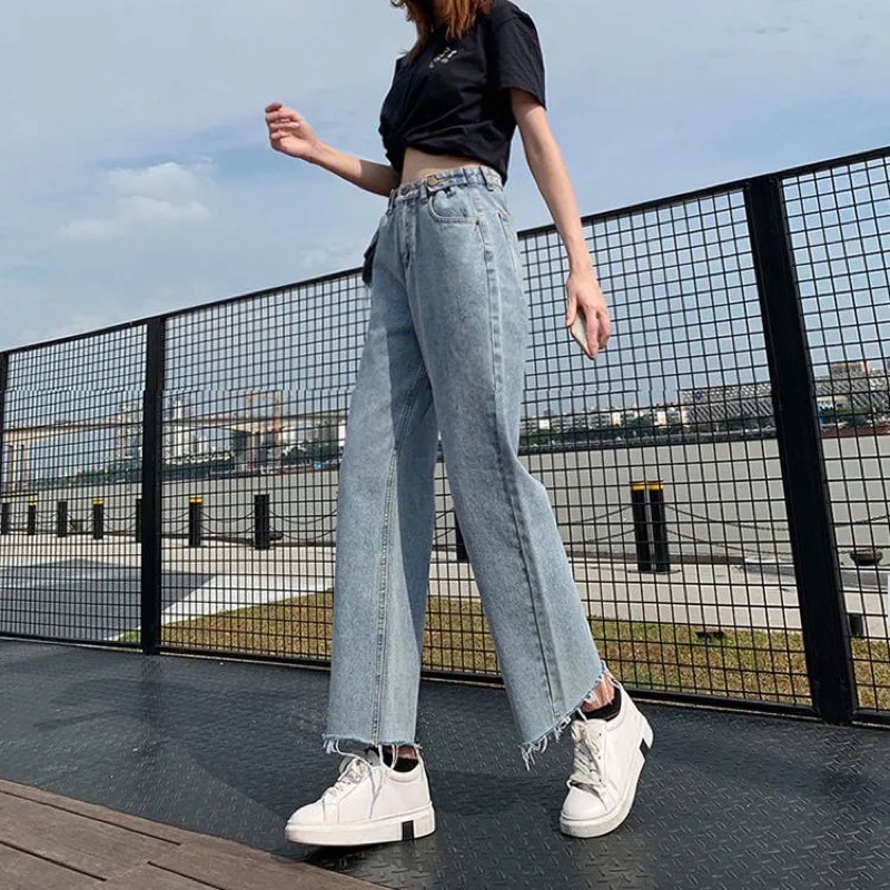 Quần Jean Denim Nữ Màu Xanh Basic Tua Gấu Cạp Cao Ống Suông Phom Đứng Phong Cách Ulzzang Dễ Phối Đồ Đủ Size Loại 1