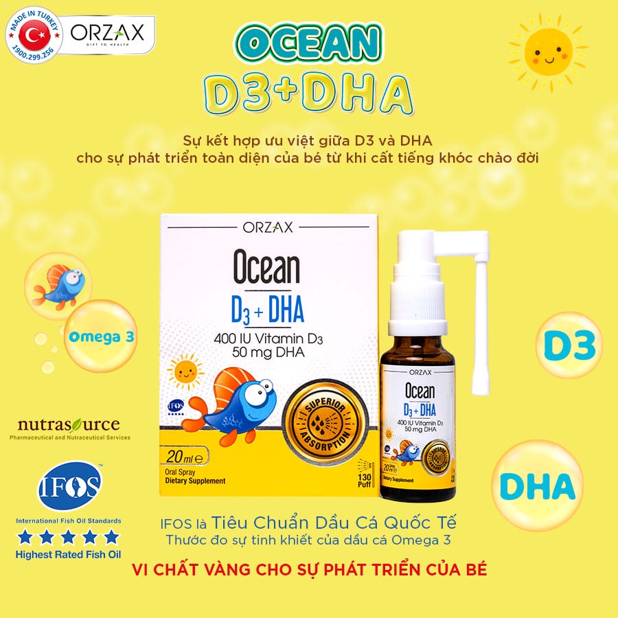 Ocean D3 DHA Vitamin d3 dha cho bé Dầu cá Omega 3 Canxi Tăng chiều cao Phát triển trí não cho trẻ Xịt Nhỏ giọt Lọ 20ml