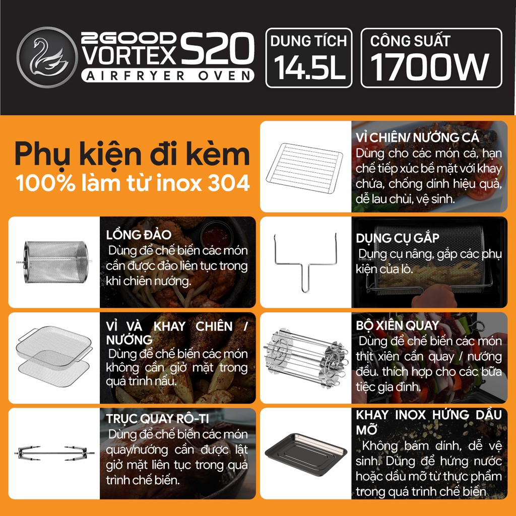 Nồi Chiên Không Dầu 2GOOD Vortex S20 Dung Tích 14,5 Lít Với 16 Chế Độ Nấu, Chất Liệu Inox 304 (Tặng Kèm Găng Tay)