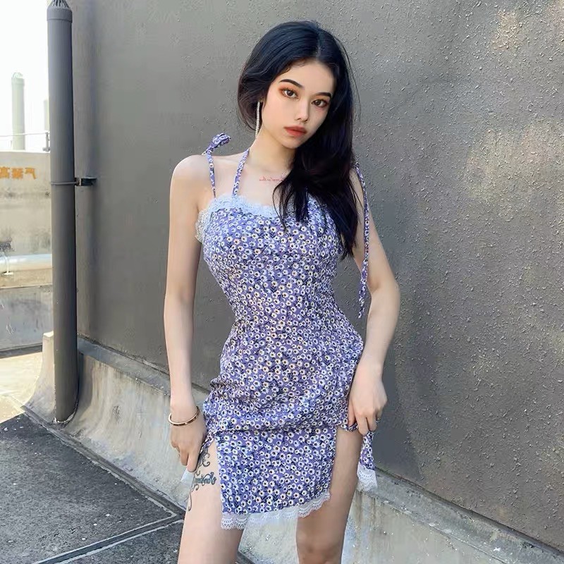 SẴN🎀Đầm ulzzang hai dây hoa cúc nhí phối ren xẻ đùi sexy mặc nhiều kiểu| Đầm tím hoa cúc bánh bèo sexy đuôi cá hot