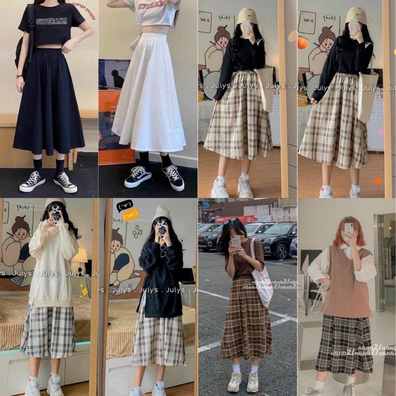 Chân Váy CARO SKIRT quốc dân form suông dài chuẩn dễ phối chất vải dày dặn lưng chun rộng có co giãn