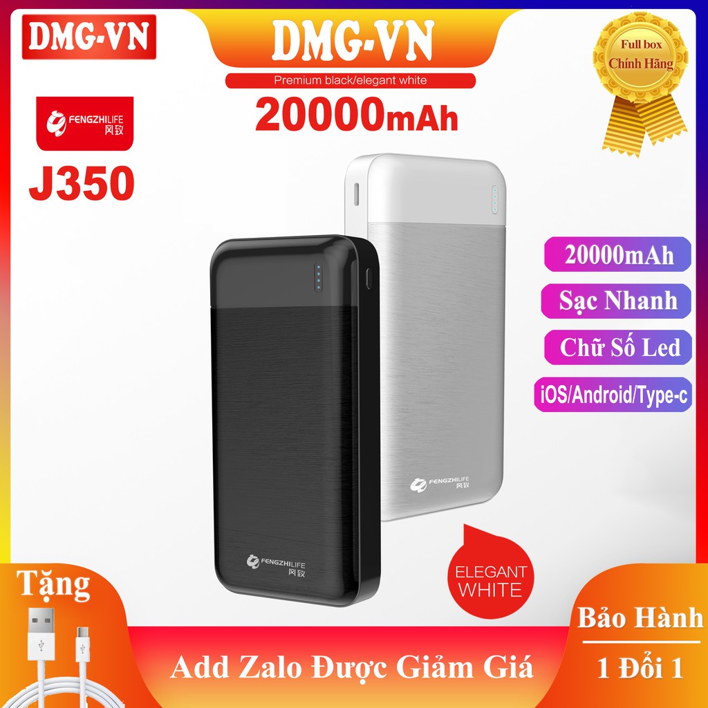 Pin sạc dự phòng Mini Power Bank FengZhi J350 20000mAh Đèn Led Hiển Thị 3 Cổng Đầu Vào 2 Cổng Đầu Ra USB