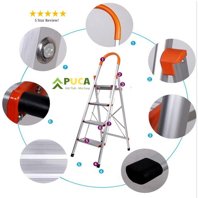 Thang nhôm thiết kế ghế tay vịn khung inox PUCA 3,4,5,6,7 bậc chiều cao 0.7 đến 1.7m bảo hành 12 tháng