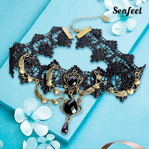 SF Vòng Cổ Choker Ren Hoa Đính Đá Hình Giọt Nước Phong Cách Gothic Cho Nữ