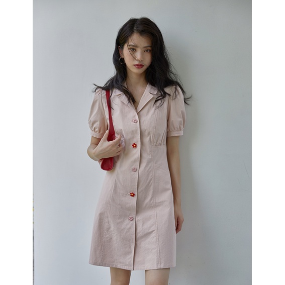 Hannah Dress đầm kaki cúc hoa nhỏ tay bồng cổ Vest thanh lịch Layla Corner - Laylaland