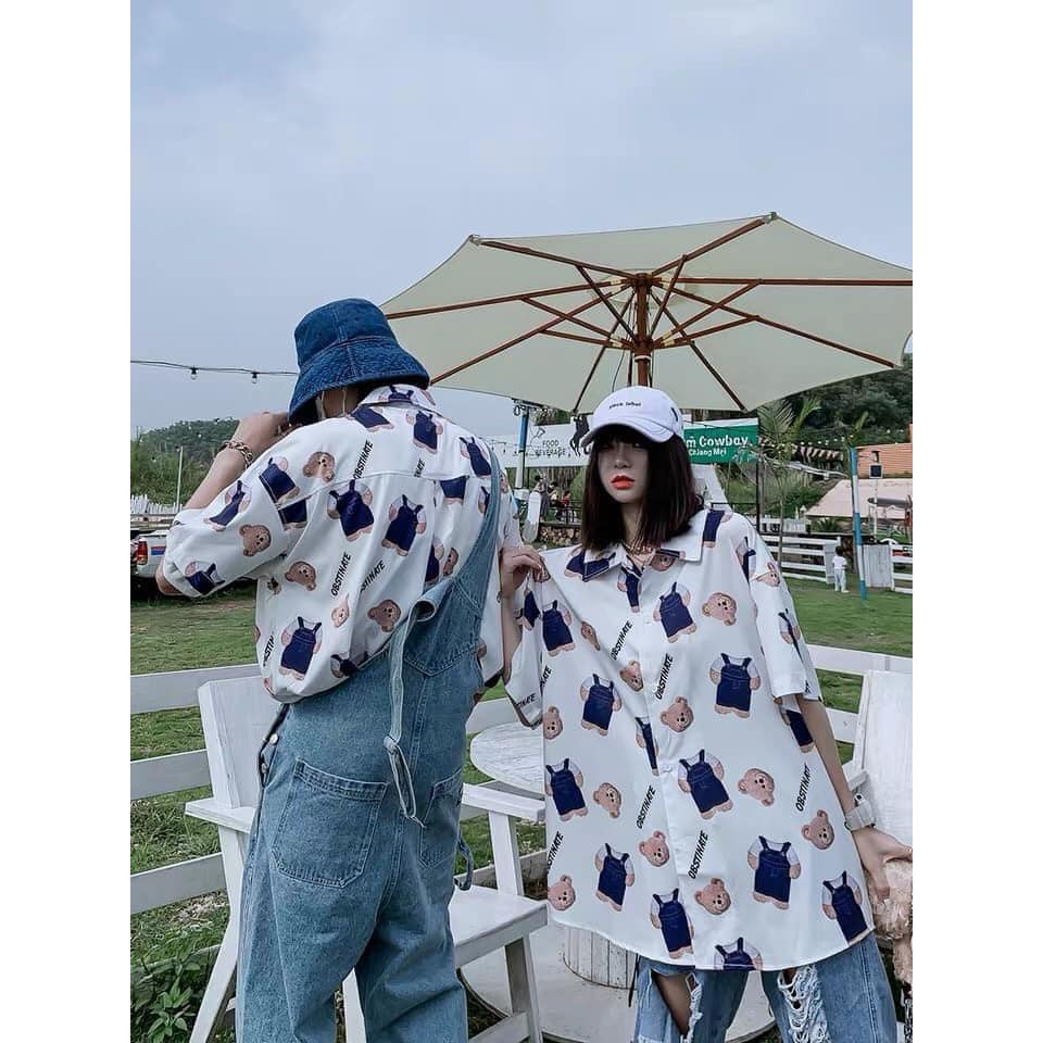 Áo Sơ Mi Cộc Tay Gấu Mặc Yếm 🦋 Áo Somi Unisex Dáng Rộng Ngắn Tay 🦋