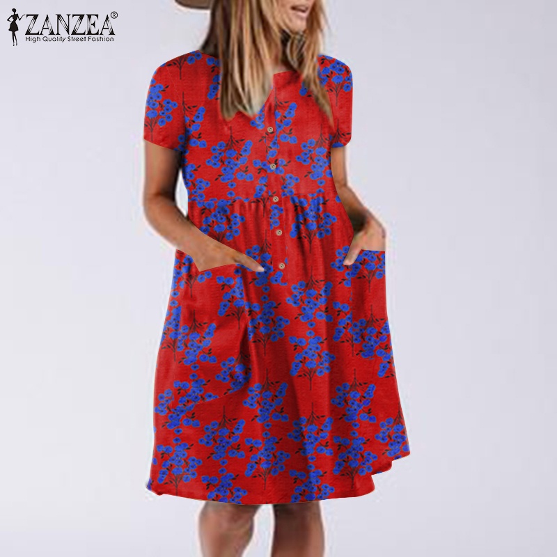 ZANZEA Đầm Tay Ngắn Cổ Tròn In Họa Tiết Hoa Phong Cách Bohemian Cổ Điển Thời Trang