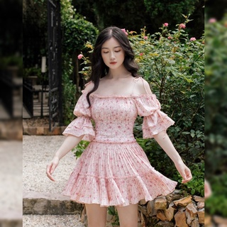 Đầm hoa bẹt vai - Camila - RED BEAN