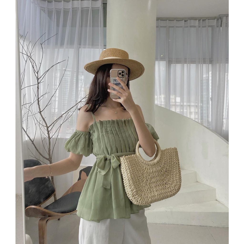 Áo trễ vai 2 dây nữ [2 lớp] chất tơ mềm ,tay bồng cao cấp thiết kế dập ly A-2DL | BigBuy360 - bigbuy360.vn