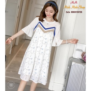 Váy bầu hai dây cổ chữ V tặng kèm áo mặc lót tay lỡ chất vải voan mỏng đẹp mát mẻ BAU003
