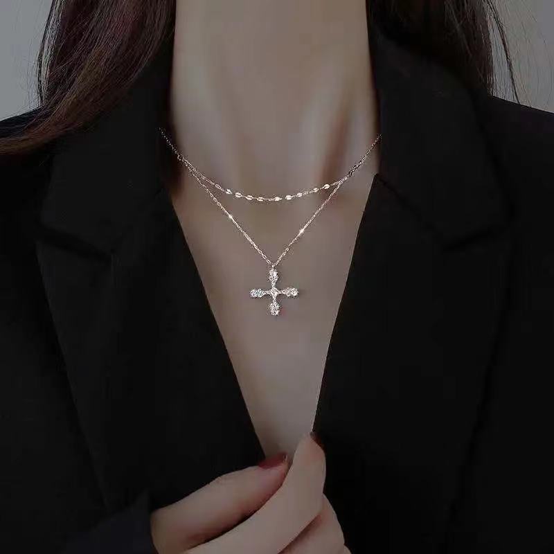 Dây chuyền 2 lớp mặt thánh giá chữ thập đính đá nam nữ