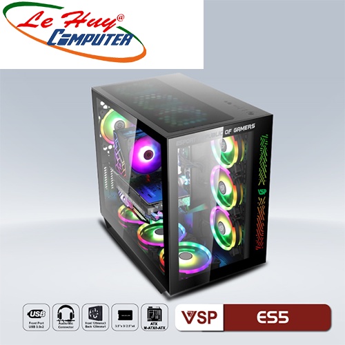 Vỏ máy tính VSP E-ROG ES5 Gaming Đen/Trắng/Hồng (No Fan)