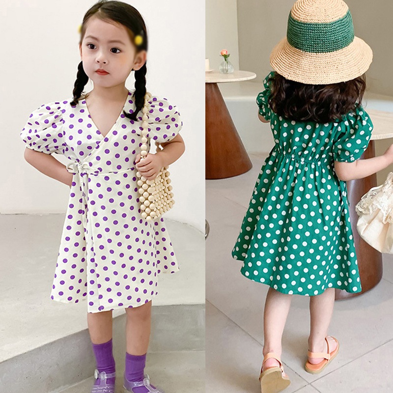 Đầm Chấm Bi Cổ Chữ V Cho Bé Gái