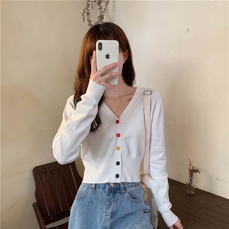 Áo Dệt Kim Ngắn Dáng Rộng Cổ Chữ V Phong Cách Hàn Quốc Dành Cho Nữ | BigBuy360 - bigbuy360.vn