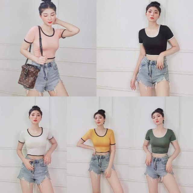 Áo croptop cổ vuông phối viền trước sau (Clip quay thật)