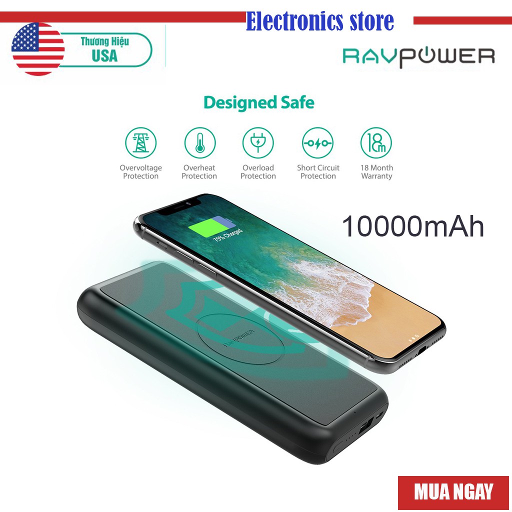 Pin Sạc Dự Phòng Tích Hợp Sạc Không Dây RAVPower 10000mAh 12W Input Type-C RP-PB081- THƯƠNG HIỆU USA - HÀNG CHÍNH HÃNG