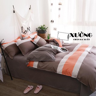 bộ vỏ chăn ga gối cotton poly nâu xám phối sọc cam