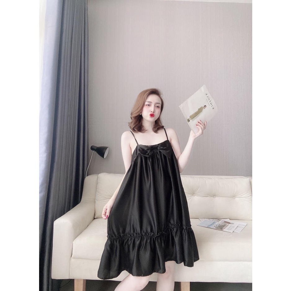 Váy Ngủ Bigsize - Đầm Ngủ 2 Dây Gợi Cảm Nơ Trước Ngực Chất Lụa Latin Cực Mát, Mịn Mặc Nhà Thoải Mái [DN36]