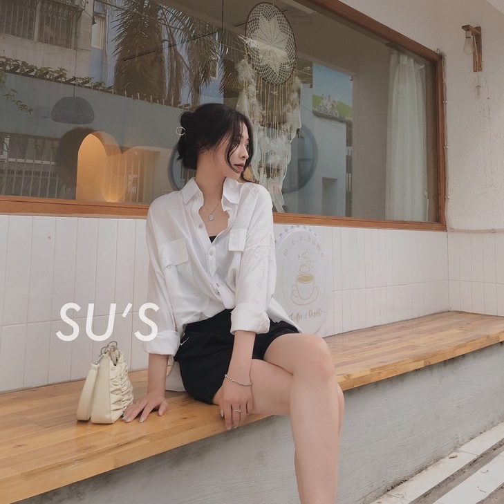 Áo sơ mi nữ form rộng dài tay Cheapy thô đũi 2 túi trắng nâu freesize dáng học sinh vintage Hàn Quốc C418