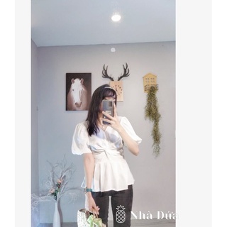 Áo  sơ mi peplum nữ kiểu nhún em màu trắng tay bồng chất đẹp mặc đi học đi làm đi chơi Nhà Dứa