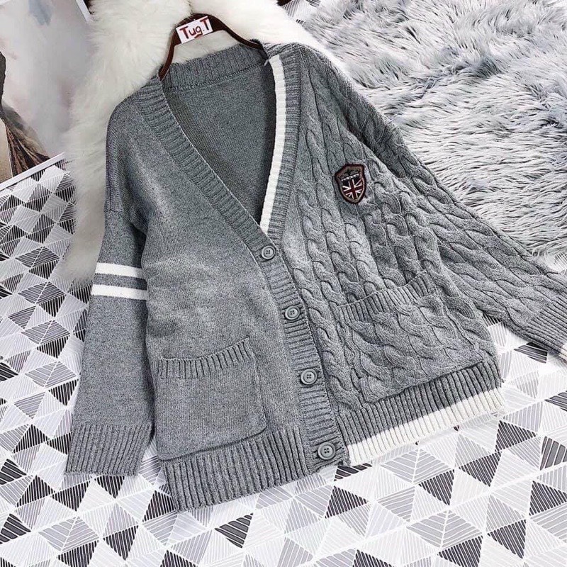 Áo Cardigan Len Trơn Thừng Logo Chất Dày Dáng Dài