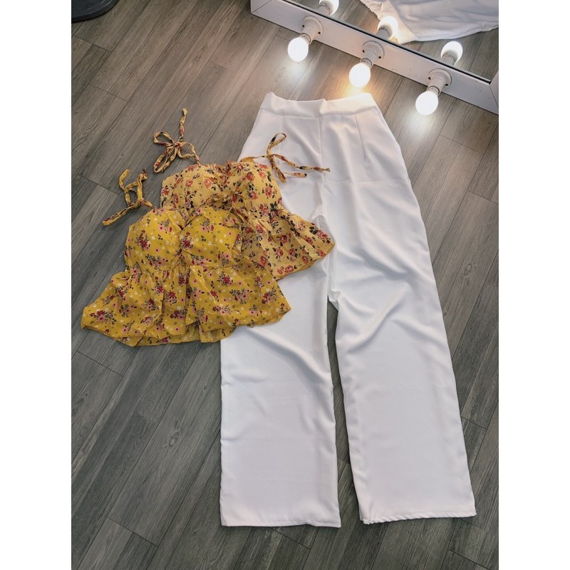 Set áo hoa cột vai cao cấp quần ống rộng hình thật sp | BigBuy360 - bigbuy360.vn