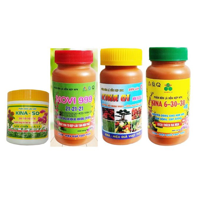 Phân bón lá KINA NPK 30-10-10 +TE, 10-55-10/ NPK 21-21-21, 6-30-30+TE (100g/hủ) - Bộ dinh dưỡng đầy 