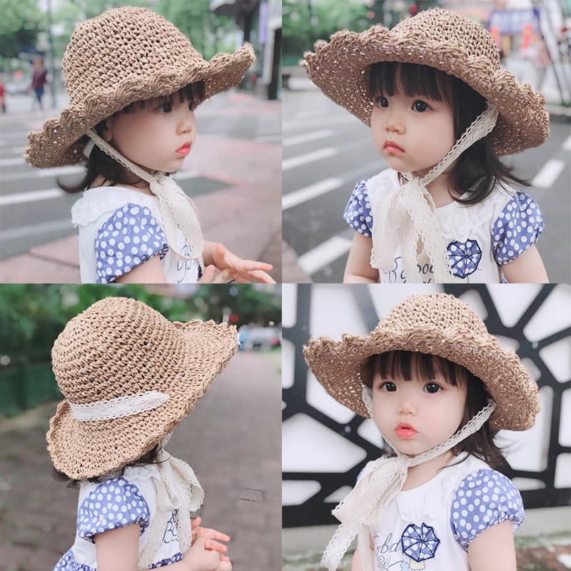 Mũ nón cói QO ACCESSORIES quai ren điệu đà mẹ và bé đi biển mùa hè MU40
