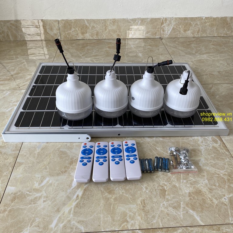 Đèn led năng lượng mặt trời Bulb bao gồm 4 bóng tròn 200w và 1 tấm pin NLMT rời dây dài