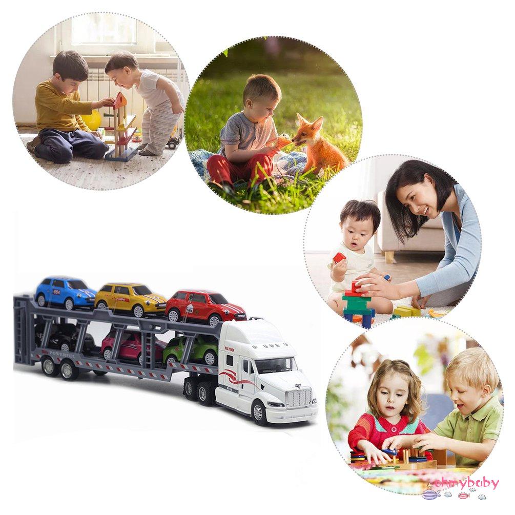 【OMB】 Car Carrier Model Big Rig Truck Hauler Trailer With 6 Race Cars Carrier Toy